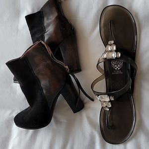Two pair shoes brown leather black suede booties and Flips crystal